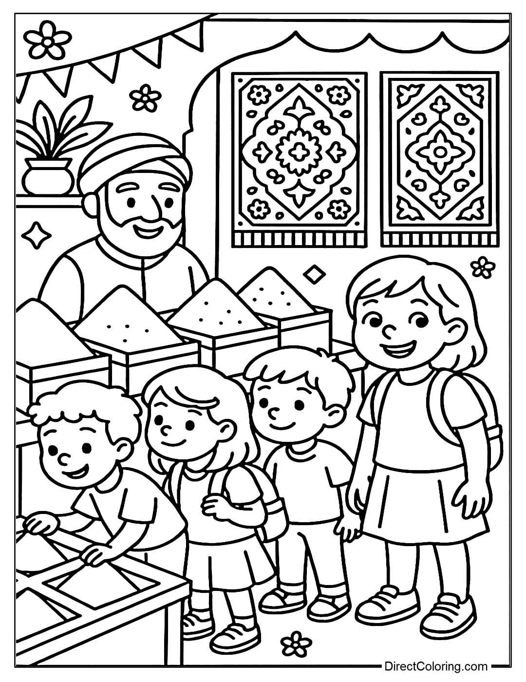 Coloring page of children visiting the Persian market, with spice stalls and hanging carpets.